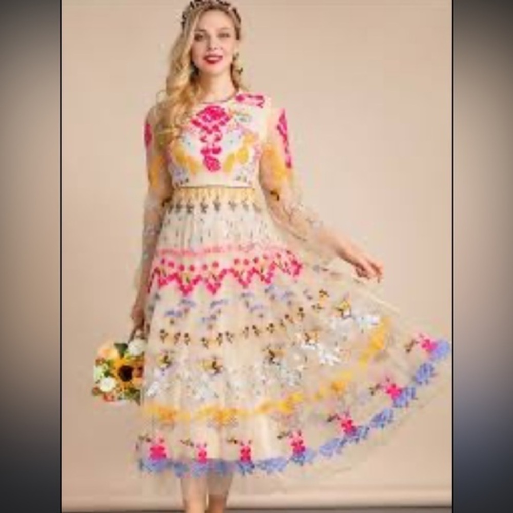 ZZSLUIA LINED LONG SLEEVE  TULLE MIDI DRESS Floral Embroidered Maxi Dress